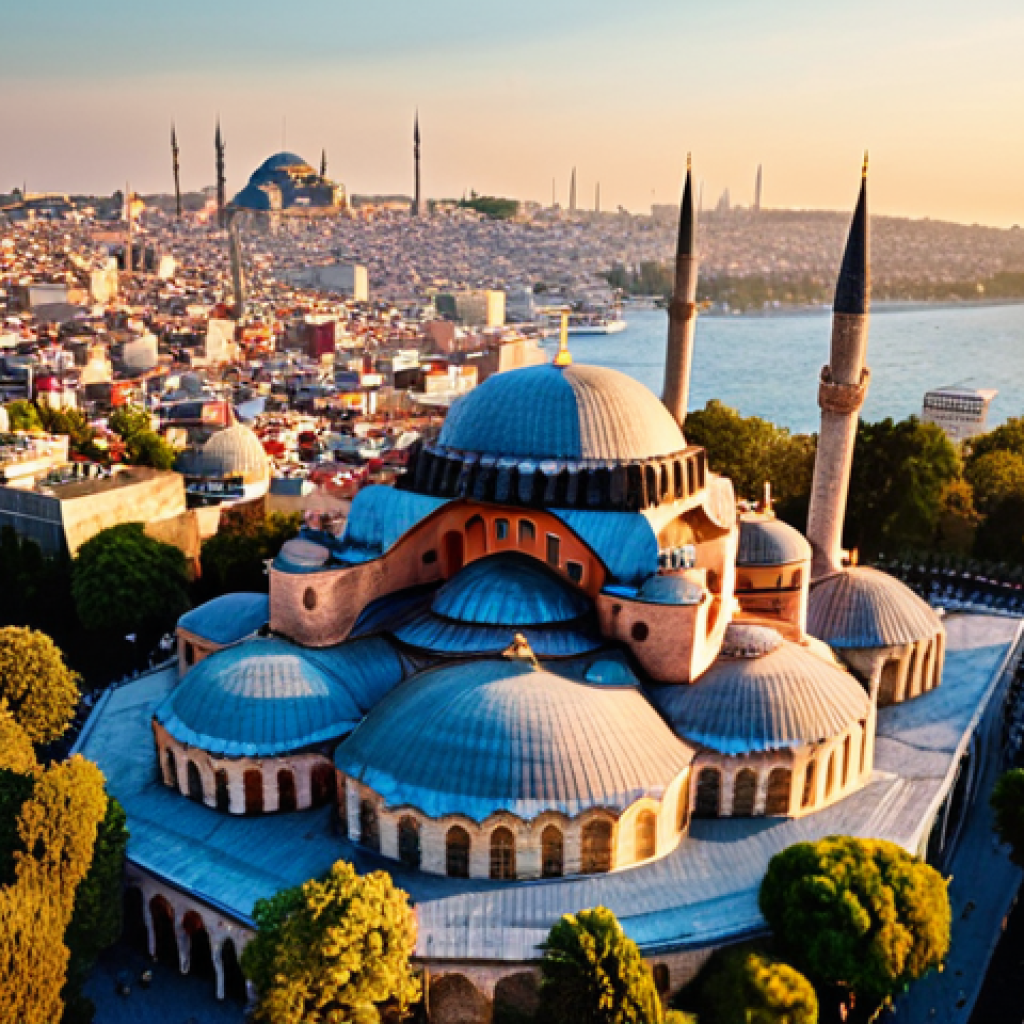 Istanbul**
> Drone shot of Istanbul cityscape, focusing on historical landmarks (Hagia Sophia, Blue Mosque) but emphasizing a sense of avoiding crowds and respecting mosque airspace. Perhaps a golden hour shot with a slight tilt-shift effect to convey a miniature, picturesque feeling, appealing to a Japanese aesthetic.
**