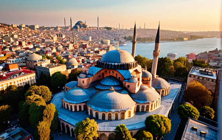 Istanbul**

> Drone shot of Istanbul cityscape, focusing on historical landmarks (Hagia Sophia, Blue Mosque) but emphasizing a sense of avoiding crowds and respecting mosque airspace. Perhaps a golden hour shot with a slight tilt-shift effect to convey a miniature, picturesque feeling, appealing to a Japanese aesthetic.

**