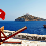 **Prompt:** A seesaw, one side depicting Turkish and Greek flags alternating, suggesting a game. In the background, a stylized Aegean Sea with island outlines and subtle oil rig icons. The atmosphere is tense but also playful, hinting at the complex relationship.