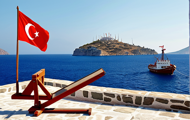 **Prompt:** A seesaw, one side depicting Turkish and Greek flags alternating, suggesting a game. In the background, a stylized Aegean Sea with island outlines and subtle oil rig icons. The atmosphere is tense but also playful, hinting at the complex relationship.