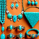 **Turquoise Jewelry Display:** Close-up of various turquoise jewelry pieces (necklaces, earrings, rings) with varying matrix patterns, displayed on a textured background. Evoke a sense of ancient Egyptian or Persian craftsmanship.