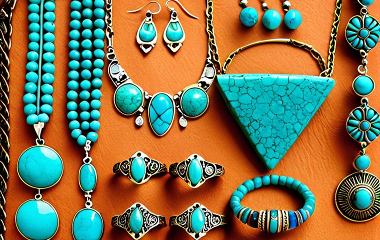 **Turquoise Jewelry Display:** Close-up of various turquoise jewelry pieces (necklaces, earrings, rings) with varying matrix patterns, displayed on a textured background. Evoke a sense of ancient Egyptian or Persian craftsmanship.