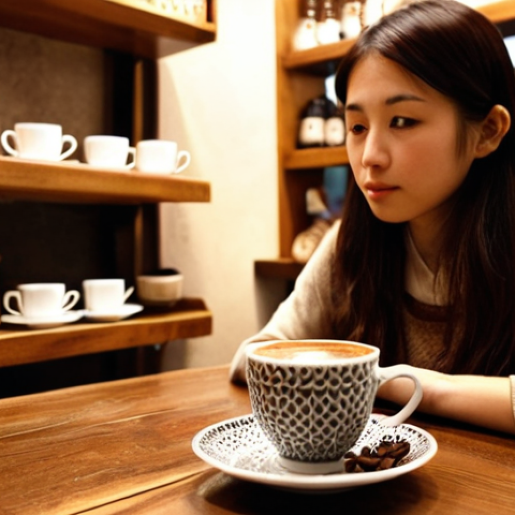 **
A cozy Tokyo cafe scene. A young Japanese woman, dressed in trendy but comfortable clothing, sits at a small table. In front of her is a delicate, patterned Turkish coffee cup and saucer, with visible coffee grounds at the bottom of the cup. A small plate of Lokum sits beside it. Soft, warm lighting fills the cafe, highlighting the steam rising from the coffee. In the background, blurred, are shelves lined with Turkish coffee pots (cezve) and other related items. The overall mood is relaxed, inviting, and hints at exotic adventure.
**
