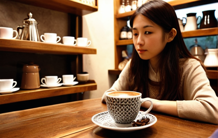 **

A cozy Tokyo cafe scene. A young Japanese woman, dressed in trendy but comfortable clothing, sits at a small table. In front of her is a delicate, patterned Turkish coffee cup and saucer, with visible coffee grounds at the bottom of the cup. A small plate of Lokum sits beside it. Soft, warm lighting fills the cafe, highlighting the steam rising from the coffee. In the background, blurred, are shelves lined with Turkish coffee pots (cezve) and other related items. The overall mood is relaxed, inviting, and hints at exotic adventure.

**