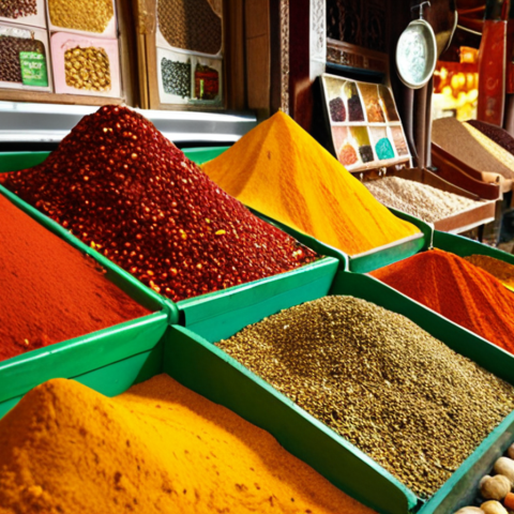 A vibrant, high-resolution image capturing the sensory richness of Istanbul's Grand Bazaar spice market. Mountains of colorful, aromatic spices – vivid red paprika, golden turmeric, earthy cumin, and fresh green mint – are piled high under soft, warm lighting. The air seems to shimmer with exotic aromas. In the background, a blurred figure of a shopkeeper or customer hints at the bustling activity. The scene evokes a treasure chest of flavors, a truly captivating and inviting atmosphere.