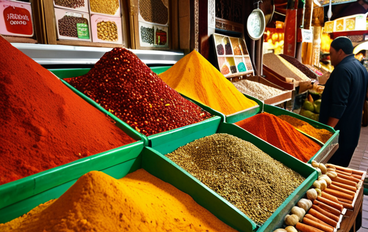 A vibrant, high-resolution image capturing the sensory richness of Istanbul's Grand Bazaar spice market. Mountains of colorful, aromatic spices – vivid red paprika, golden turmeric, earthy cumin, and fresh green mint – are piled high under soft, warm lighting. The air seems to shimmer with exotic aromas. In the background, a blurred figure of a shopkeeper or customer hints at the bustling activity. The scene evokes a treasure chest of flavors, a truly captivating and inviting atmosphere.