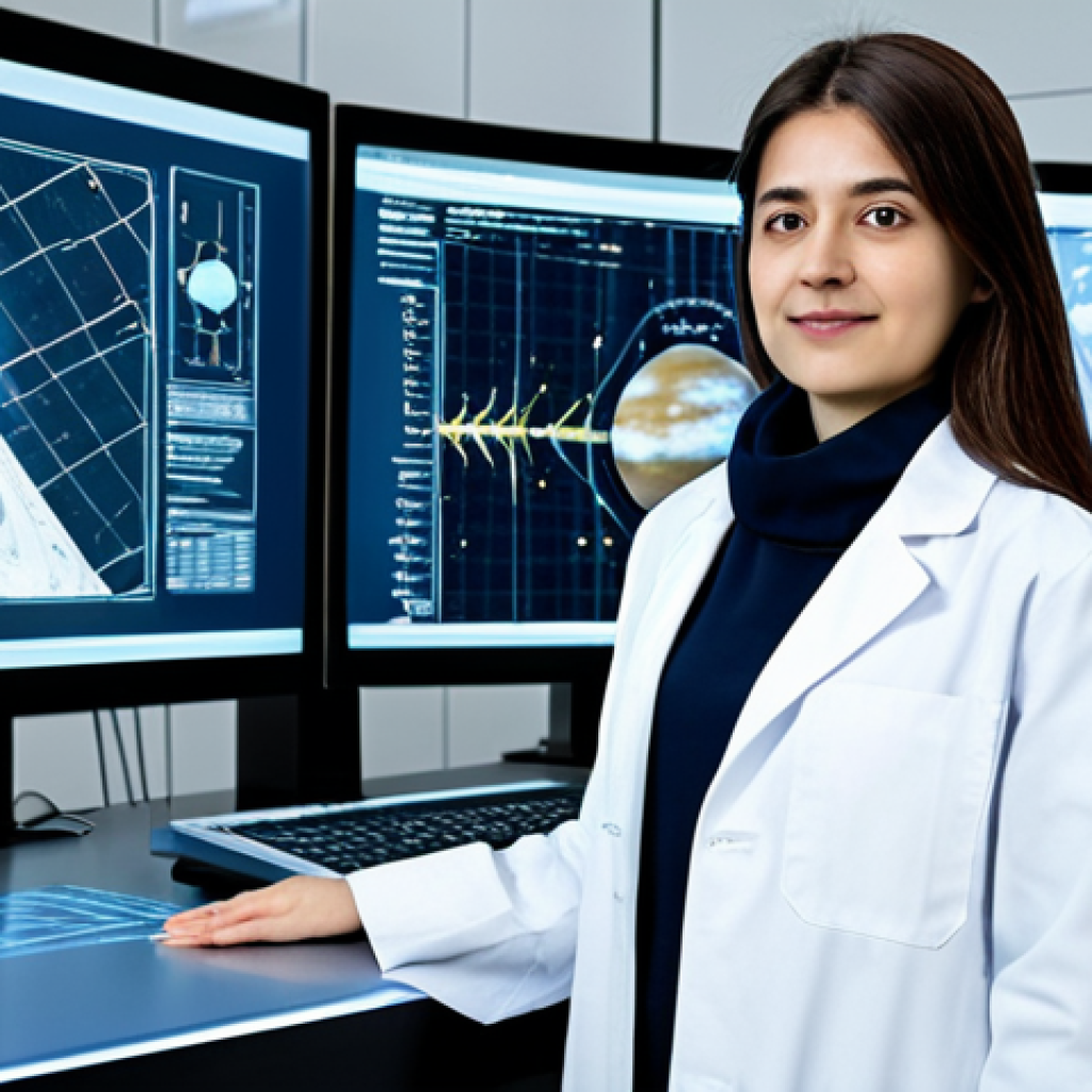 A professional Turkish female scientist, fully clothed in a modest, crisp white lab coat over a dark professional top, standing confidently in a state-of-the-art space research laboratory. In the background, large transparent screens display intricate holographic data visualizations of satellite trajectories and planetary maps. Robotic arms are subtly visible in the mid-ground, and a model of a new generation rocket sits on a clean, illuminated workbench. The lighting is bright, clean, and futuristic, emphasizing the high-tech environment. Perfect anatomy, correct proportions, well-formed hands, natural pose. High-resolution, professional photography, safe for work, appropriate content, fully clothed, professional.