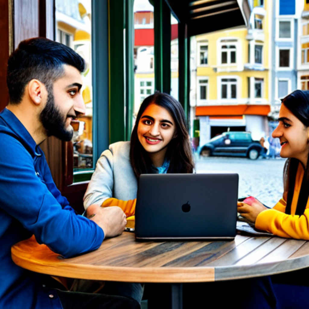 **

"A diverse group of young Turkish adults in modern, modest clothing, gathered in a vibrant Istanbul cafe. They are engaged in conversation, some using laptops and smartphones. Background shows a bustling city street with a mix of traditional and modern architecture.  Safe for work, appropriate content, fully clothed, professional photography, perfect anatomy, correct proportions, natural pose, high quality, family-friendly."

**