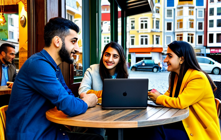 **

"A diverse group of young Turkish adults in modern, modest clothing, gathered in a vibrant Istanbul cafe. They are engaged in conversation, some using laptops and smartphones. Background shows a bustling city street with a mix of traditional and modern architecture.  Safe for work, appropriate content, fully clothed, professional photography, perfect anatomy, correct proportions, natural pose, high quality, family-friendly."

**