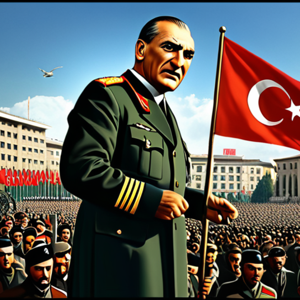Atatürk - The Hero's Rise**
"A determined and charismatic Mustafa Kemal Atatürk, fully clothed in a modest military uniform, addressing a crowd of Turkish people in Ankara during the Turkish War of Independence. The background shows a rallying crowd with banners and flags, symbolizing national unity. Dramatic lighting, perfect anatomy, correct proportions, professional digital painting, high quality, safe for work, appropriate content, fully clothed, professional, family-friendly. A historical scene, reminiscent of vintage propaganda posters, but modernly rendered. Safe, appropriate, and professional."
**