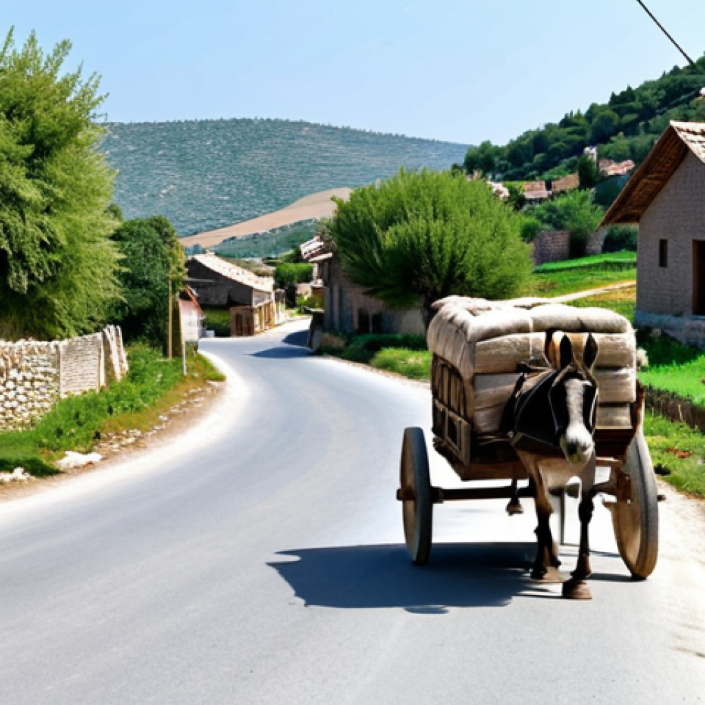 튀르키예의 특이한 교통수단 - **ロバ車が走るトルコの田舎道**
A donkey cart carrying goods travels along a rustic road in rural Turkey. Vil...
