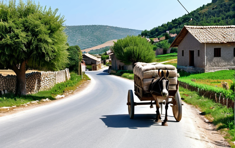 튀르키예의 특이한 교통수단 - **ロバ車が走るトルコの田舎道**

    A donkey cart carrying goods travels along a rustic road in rural Turkey. Vil...