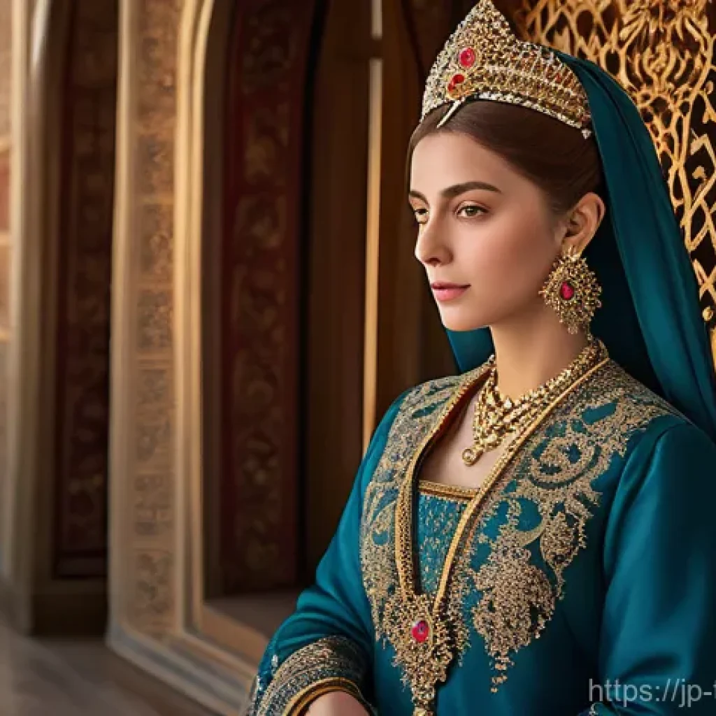 튀르키예 드라마와 텔레비전 산업 - A majestic Ottoman Sultana, reminiscent of Hürrem Sultan, stands within a lavishly decorated chamber...