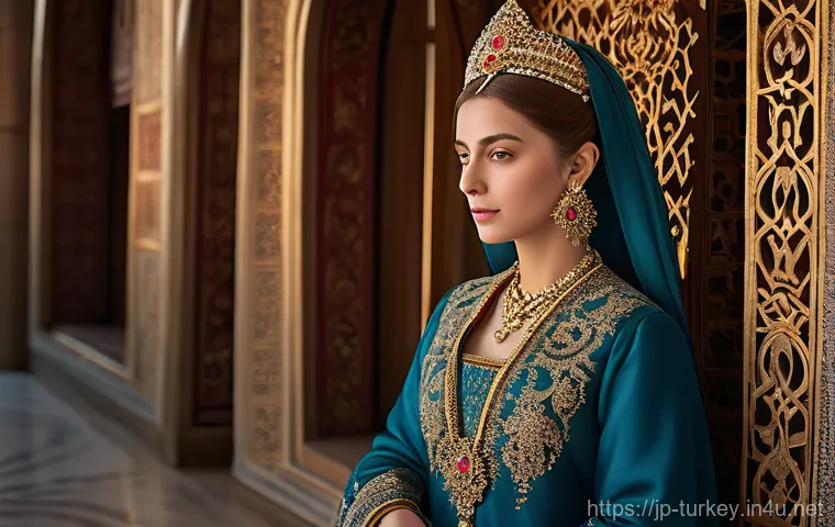 튀르키예 드라마와 텔레비전 산업 - A majestic Ottoman Sultana, reminiscent of Hürrem Sultan, stands within a lavishly decorated chamber...