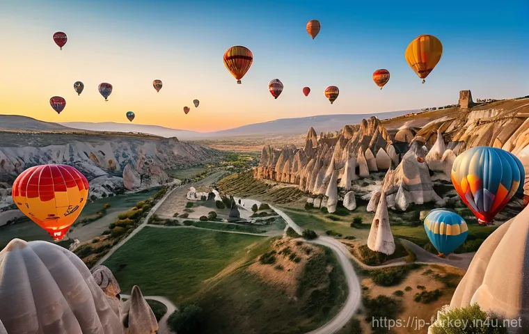 튀르키예 여행 후 피드백 작성법 - A breathtaking wide-angle shot of countless hot air balloons gracefully ascending into the early mor...