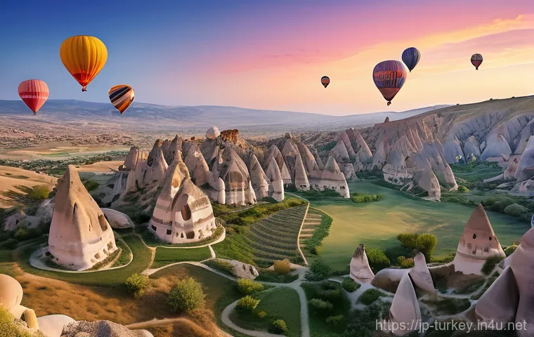 튀르키예 주요 자연 보호 구역 - **"A breathtaking aerial view of Cappadocia, Turkey, at sunrise. Numerous vibrant hot air balloons o...