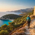 튀르키예 주요 하이킹 장소 - **Lycian Way Coastal Trek at Golden Hour**
An adventurous female hiker, dressed in practical and...