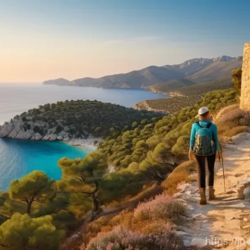 튀르키예 주요 하이킹 장소 - **Lycian Way Coastal Trek at Golden Hour**
    An adventurous female hiker, dressed in practical and...
