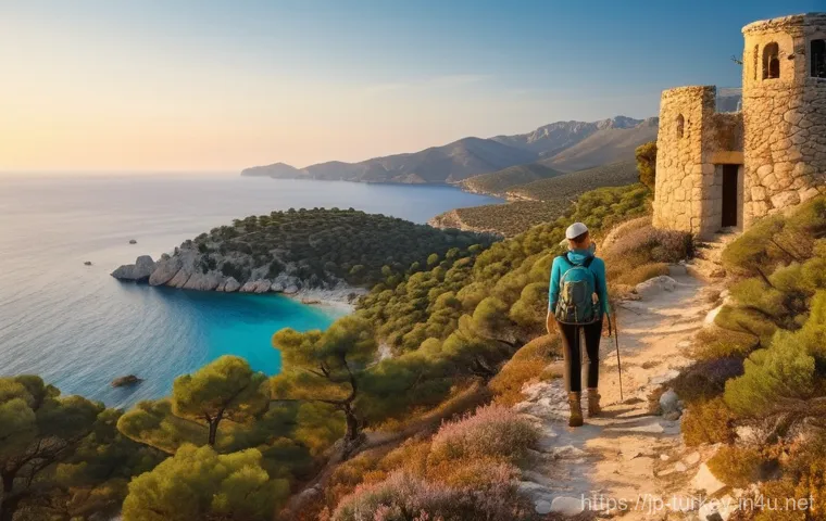 튀르키예 주요 하이킹 장소 - **Lycian Way Coastal Trek at Golden Hour**
    An adventurous female hiker, dressed in practical and...