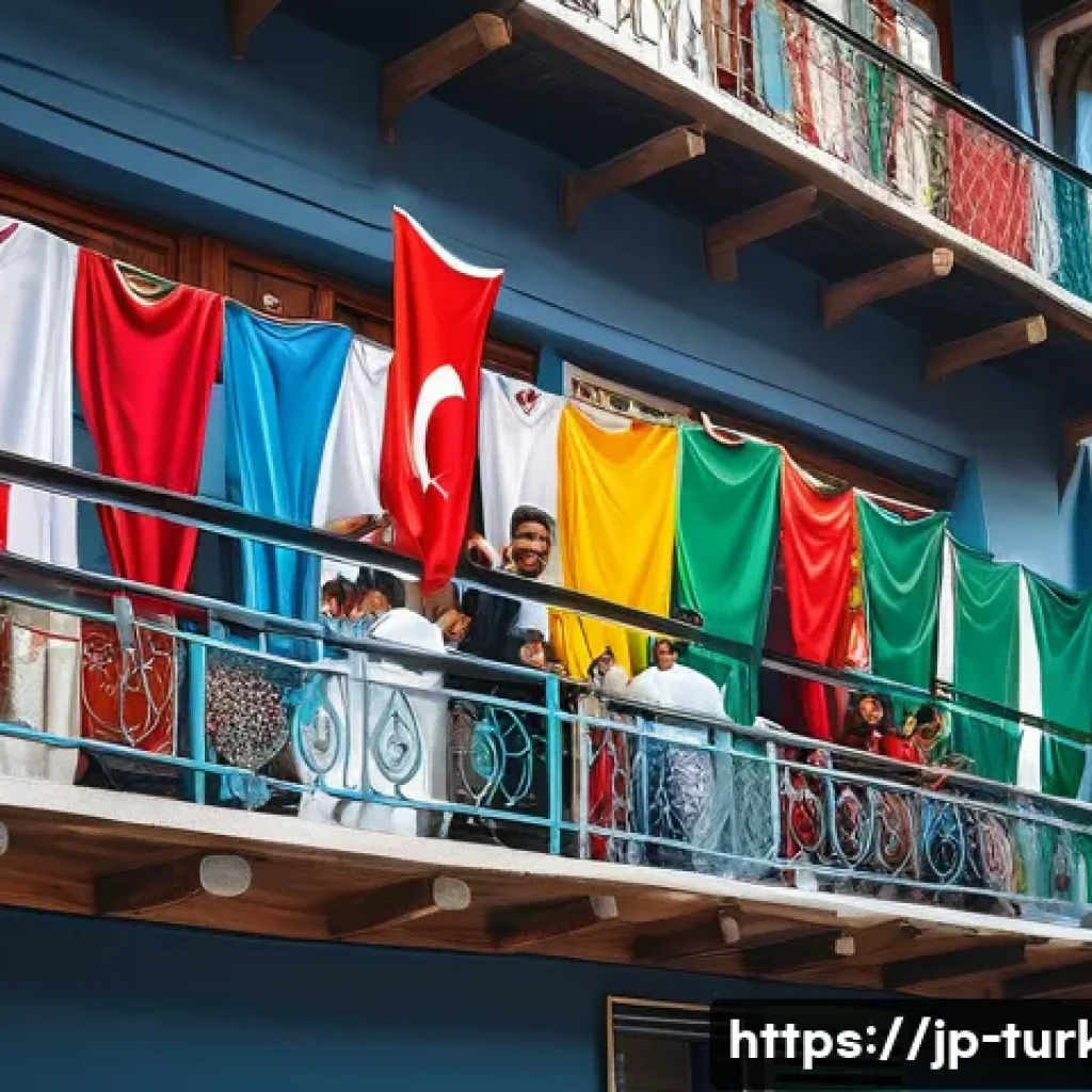 튀르키예의 국민 스포츠와 경기장 - A vibrant street scene in a Turkish city on a soccer match day, featuring groups of friends wearing ...