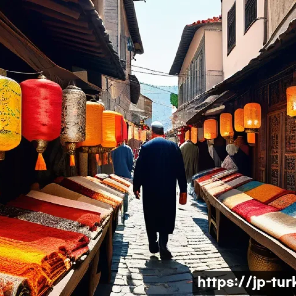 튀르키예 주요 바자르 쇼핑팁 - A vibrant Turkish bazaar scene bustling with local vendors and shoppers, colorful stalls displaying ...
