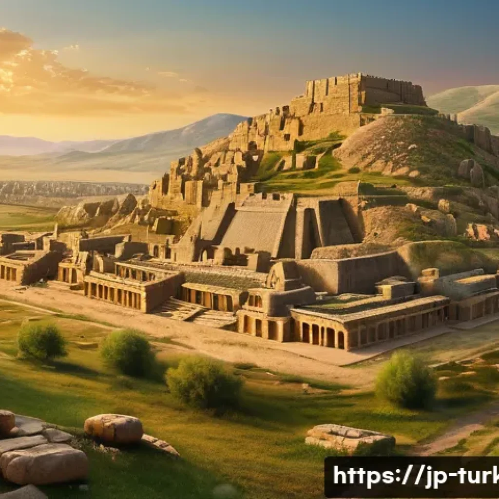 튀르키예의 역사를 이해하는 도서 - A panoramic view of an ancient Hittite city in Anatolia at sunrise, showcasing grand stone temples a...