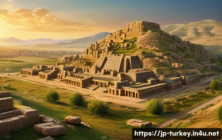 튀르키예의 역사를 이해하는 도서 - A panoramic view of an ancient Hittite city in Anatolia at sunrise, showcasing grand stone temples a...