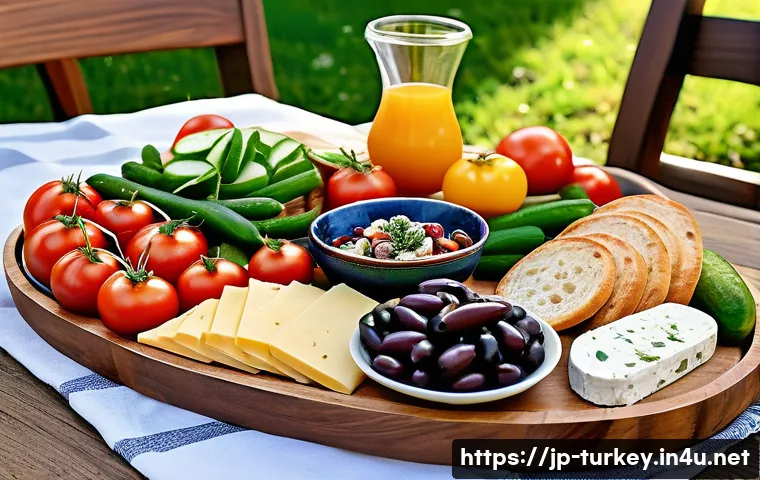 튀르키예의 독특한 아침문화 - A vibrant Turkish breakfast table set outdoors with a variety of fresh vegetables such as sliced tom...