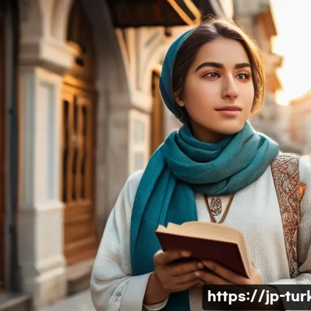 튀르키예 유명 작가와 문학 작품 - A thoughtful young woman wearing modest traditional Turkish clothing with a modern twist, standing o...