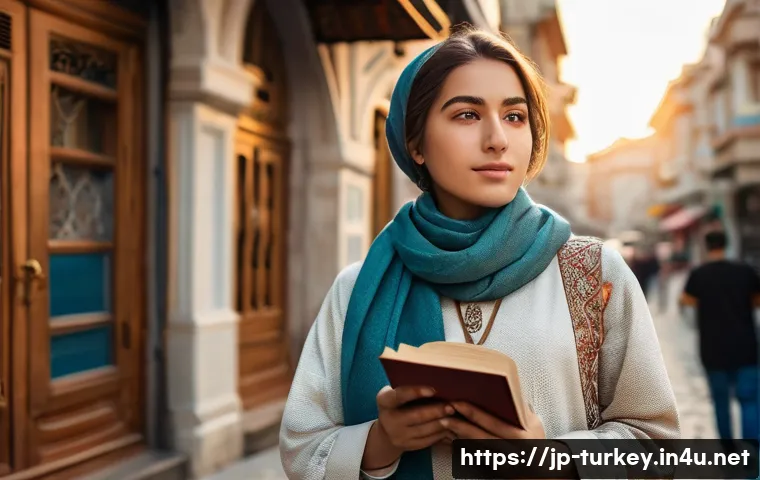 튀르키예 유명 작가와 문학 작품 - A thoughtful young woman wearing modest traditional Turkish clothing with a modern twist, standing o...
