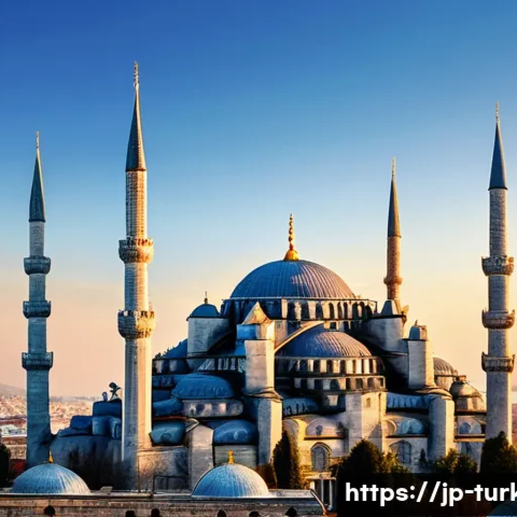 튀르키예의 주요 문화 예술 사례 - A majestic view of the Sultan Ahmed Mosque (Blue Mosque) in Istanbul at sunset, showcasing its grand...