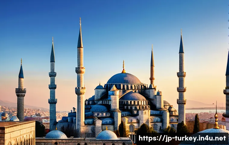 튀르키예의 주요 문화 예술 사례 - A majestic view of the Sultan Ahmed Mosque (Blue Mosque) in Istanbul at sunset, showcasing its grand...
