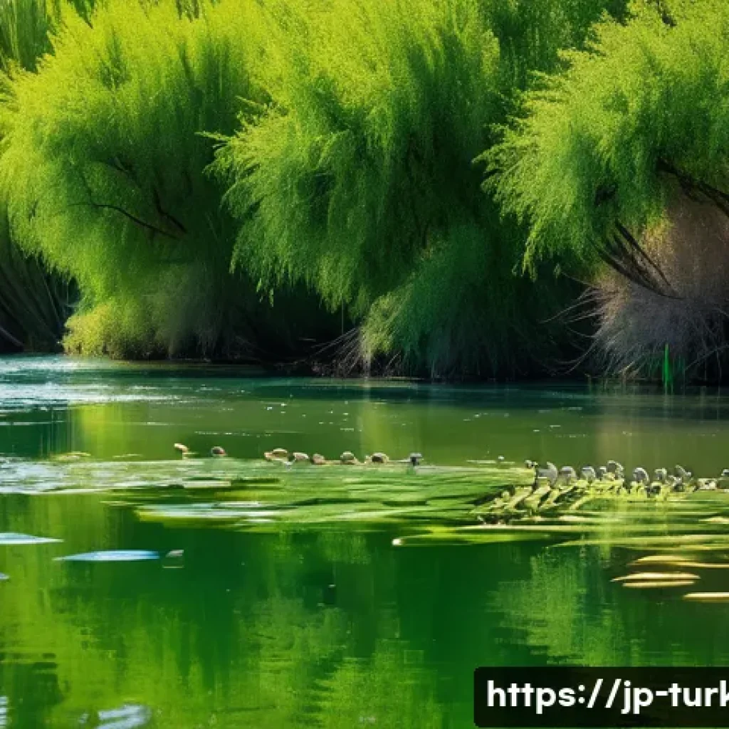 튀르키예 주요 하천 생태계 - A vibrant scene of the Euphrates River ecosystem in Turkey during springtime, showcasing a variety o...