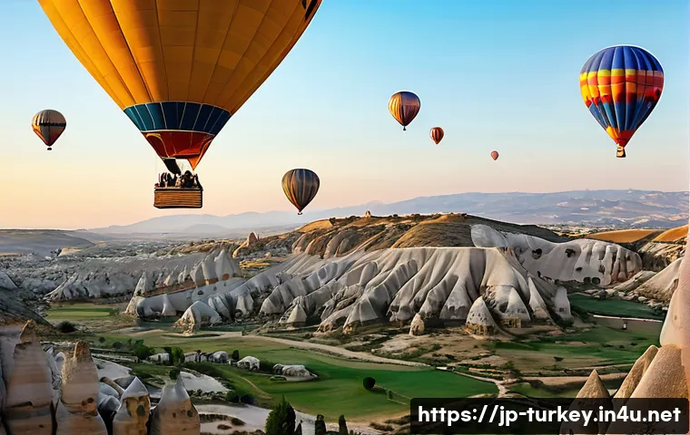 튀르키예 카파도키아 열기구 투어 - A breathtaking early morning hot air balloon scene over Cappadocia, with multiple colorful balloons ...