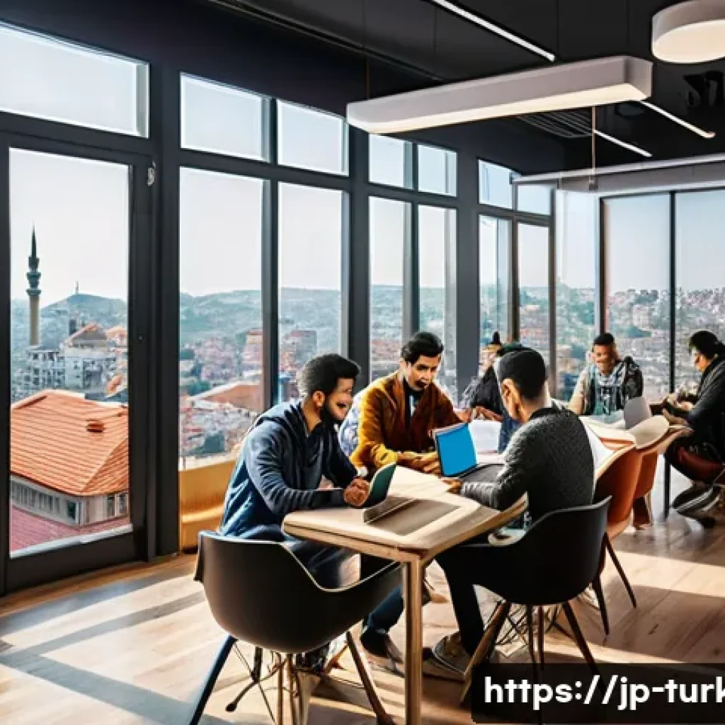 튀르키예의 독특한 경제적 혁신 - A vibrant co-working space in Istanbul filled with young Turkish entrepreneurs collaborating on digi...