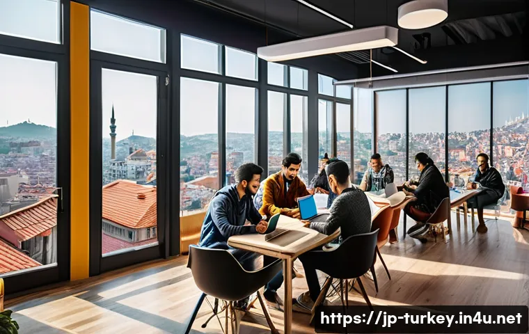 튀르키예의 독특한 경제적 혁신 - A vibrant co-working space in Istanbul filled with young Turkish entrepreneurs collaborating on digi...