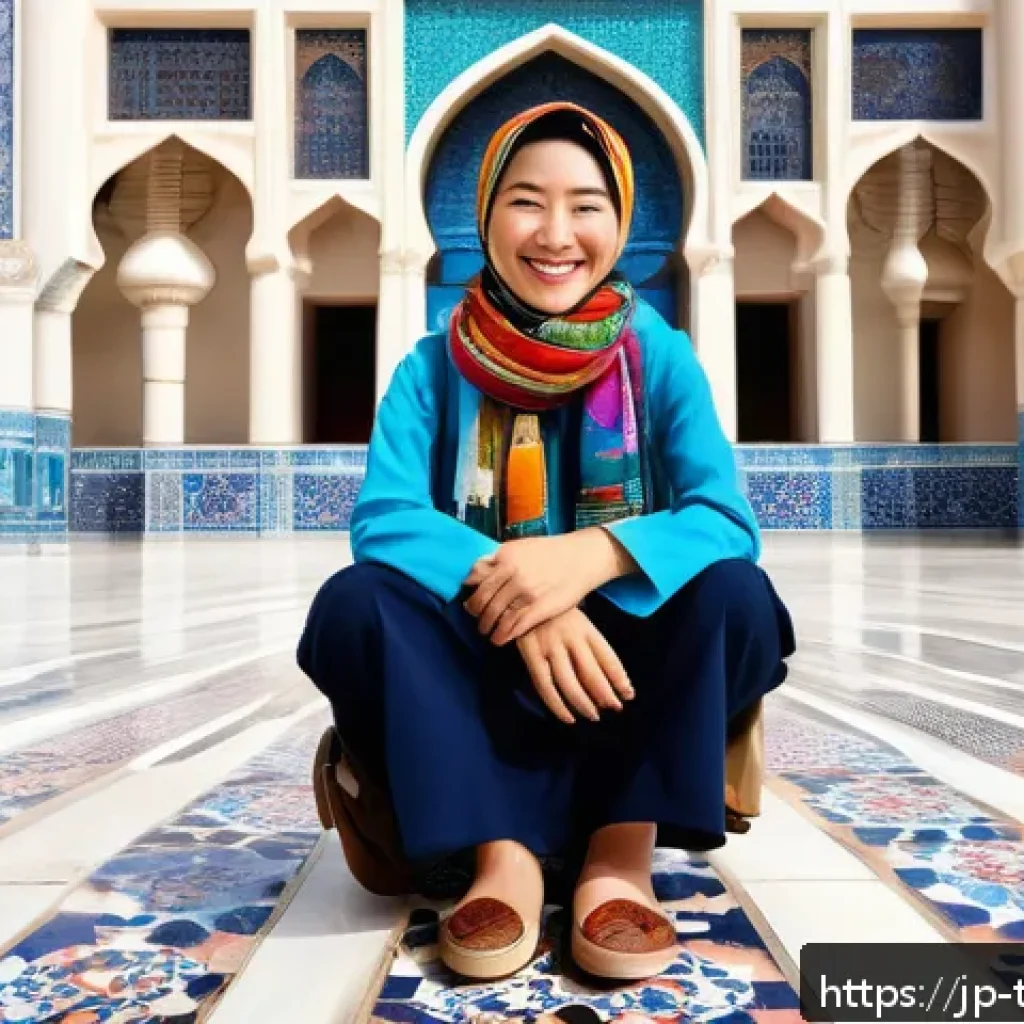 튀르키예 여행 중 주의할 점 - A respectful traveler scene in Turkey showing a Japanese woman wearing modest clothing that covers s...
