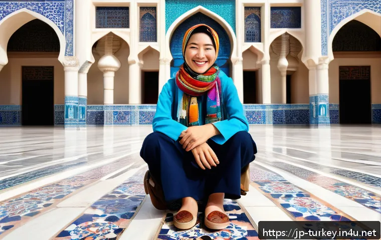튀르키예 여행 중 주의할 점 - A respectful traveler scene in Turkey showing a Japanese woman wearing modest clothing that covers s...