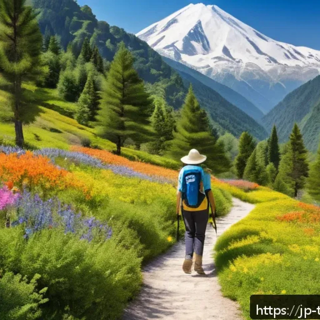 튀르키예 국립공원 탐방 - A vibrant spring hiking trail in a Turkish national park, featuring colorful wildflowers blooming ab...