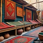 튀르키예 민속 마켓 탐방 - A vibrant Turkish folk market scene showcasing colorful handwoven carpets and intricate ceramics on ...