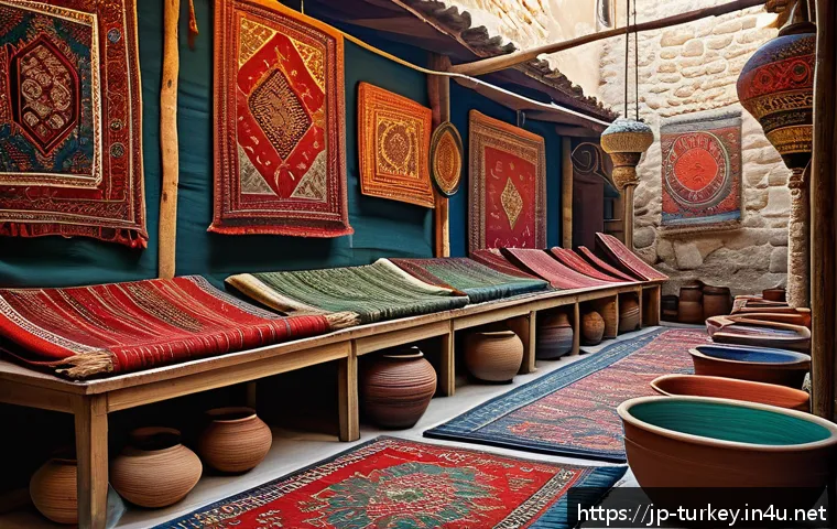 튀르키예 민속 마켓 탐방 - A vibrant Turkish folk market scene showcasing colorful handwoven carpets and intricate ceramics on ...