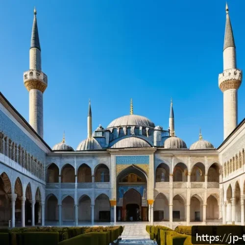 이스탄불 톱카프 궁전 투어 - A majestic view of Topkapi Palace courtyard blending Ottoman Islamic and Byzantine architectural sty...
