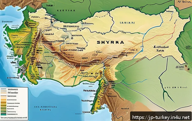 튀르키예 시리아 국경 문제 - A detailed map-style illustration showing the complex ethnic and religious distribution along the Tu...