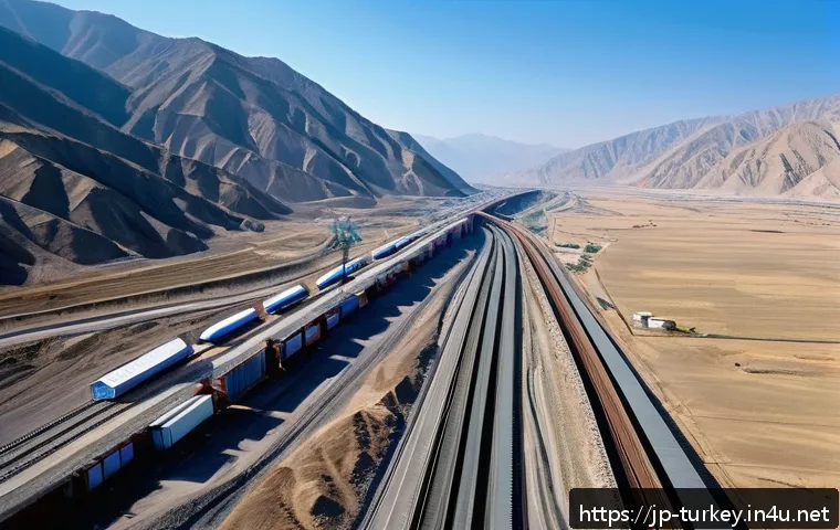 튀르키예 이란 국경 무역 이야기 - A detailed aerial view of the Turkey-Iran border region showcasing a complex network of modern highw...
