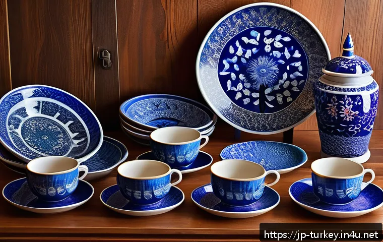 튀르키예의 독특한 세라믹 공예 - A vibrant still life composition showcasing traditional Turkish Iznik ceramics: richly colored cobal...