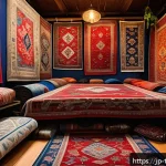 튀르키예 공예품 시장 탐방 - A vibrant traditional Turkish carpet displayed in a cozy Istanbul market stall, showcasing intricate...