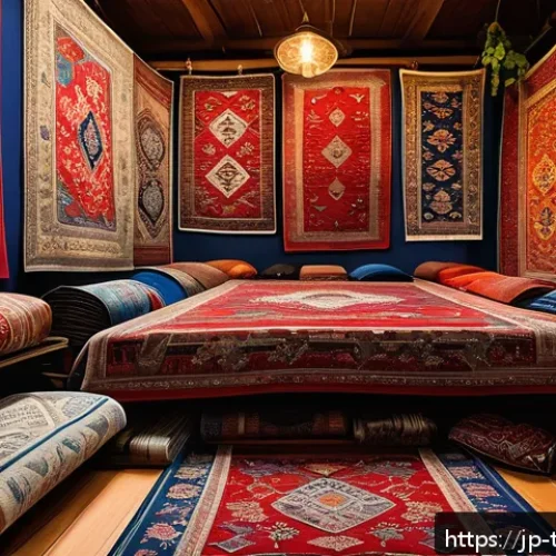 튀르키예 공예품 시장 탐방 - A vibrant traditional Turkish carpet displayed in a cozy Istanbul market stall, showcasing intricate...