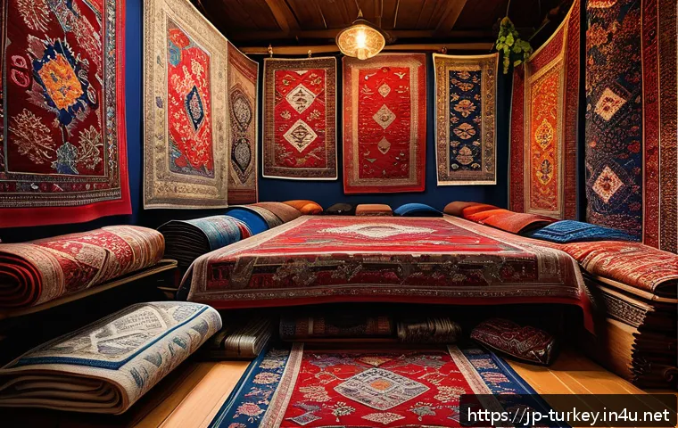 튀르키예 공예품 시장 탐방 - A vibrant traditional Turkish carpet displayed in a cozy Istanbul market stall, showcasing intricate...