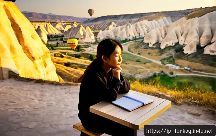 튀르키예 유명 여행 작가 추천 - Photorealistic editorial travel scene in Cappadocia, Turkey: a thoughtful Japanese travel writer in ...