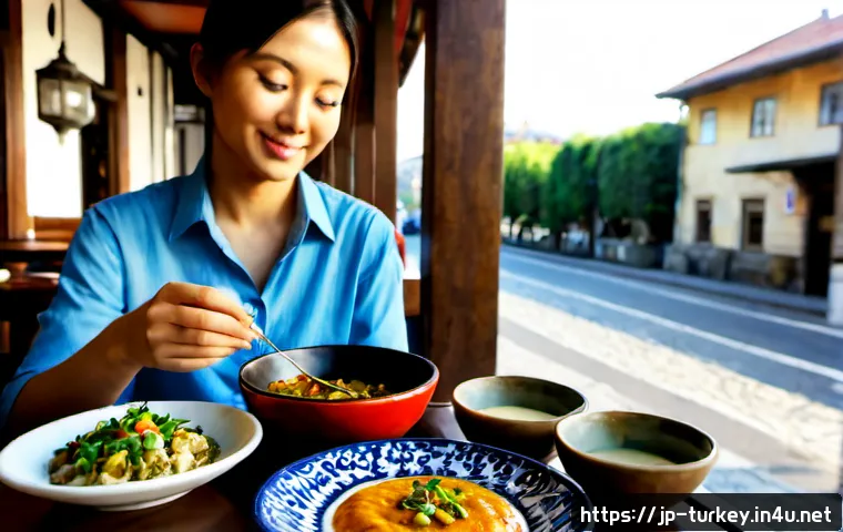 튀르키예에서의 채식 여행 가이드 - Photorealistic vegetarian travel meal in Türkiye, a sunlit outdoor café table in Istanbul with color...